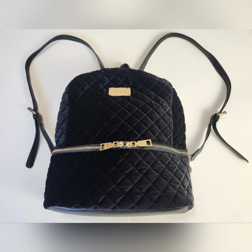 BEBE Black Velvet Diamond Quilted Mini Backpack Shoulder Bag Purse Carryall